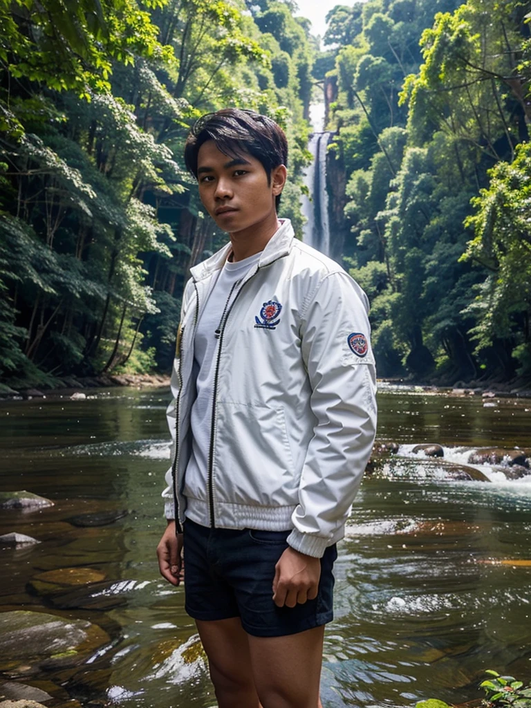 Indonesian youth. Age around 22 years. There is only one person in the photo. wearing a white jacket. The whole body is depicted facing forward. The background is a river in the forest.
