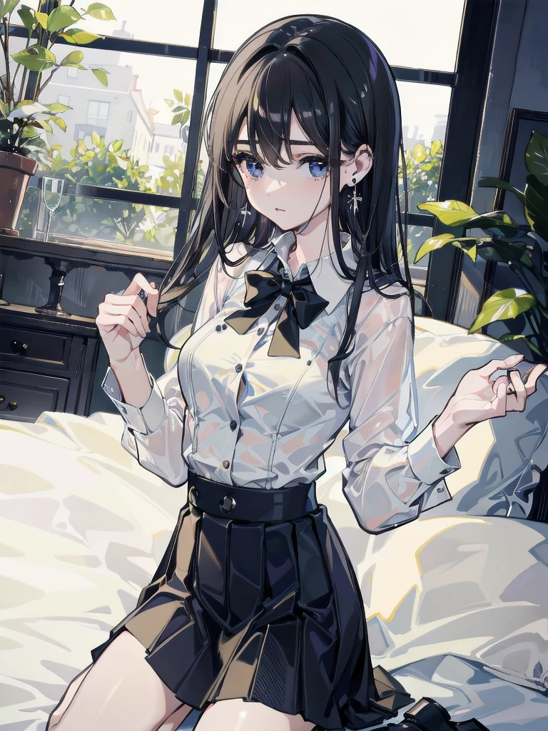 absurdres, RAW photo, extremely delicate and beautiful, masterpiece, Best Quality, ultra high resolution, 32k, hyperrealistic, ultra-detailed, in her 20s, delicate facial features, tearful mole, earring, medium breasts, full body shot, shorter middle hair, black hair, skirt, button up shirt,