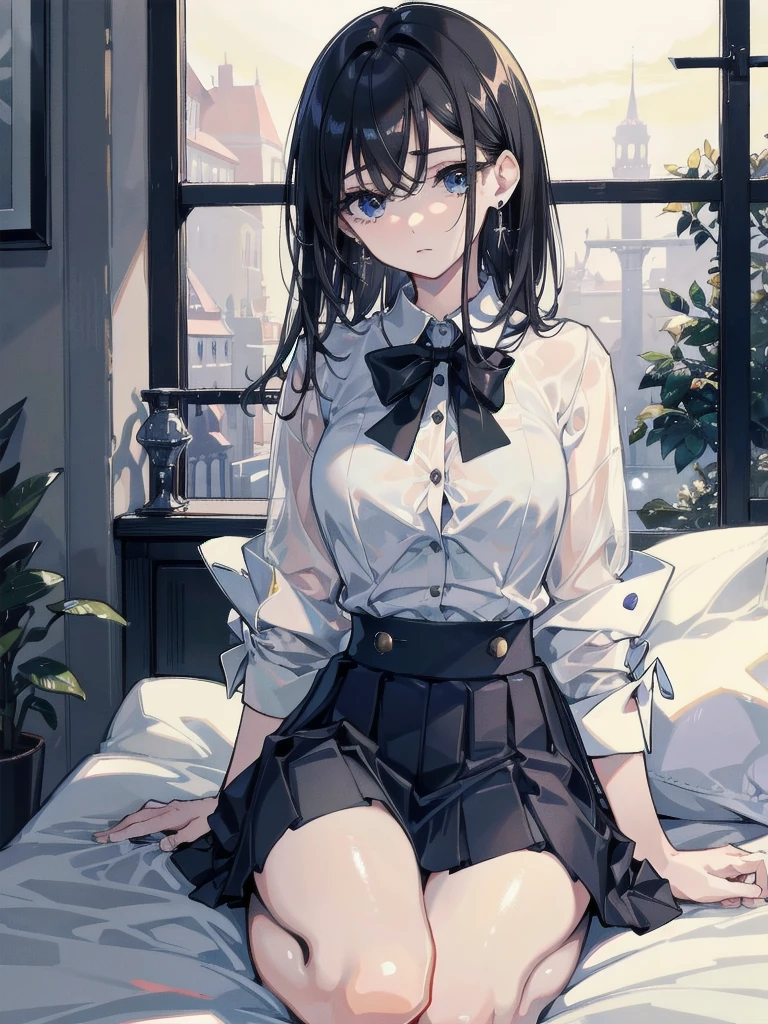 absurdres, RAW photo, extremely delicate and beautiful, masterpiece, Best Quality, ultra high resolution, 32k, hyperrealistic, ultra-detailed, in her 20s, delicate facial features, tearful mole, earring, medium breasts, full body shot, shorter middle hair, black hair, skirt, button up shirt,