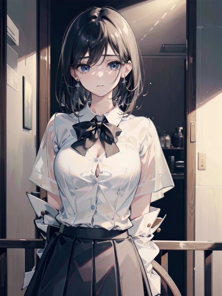 absurdres, RAW photo, extremely delicate and beautiful, masterpiece, Best Quality, ultra high resolution, 32k, hyperrealistic, ultra-detailed, in her 20s, delicate facial features, tearful mole, earring, medium breasts, full body shot, shorter middle hair, black hair, skirt, button up shirt,