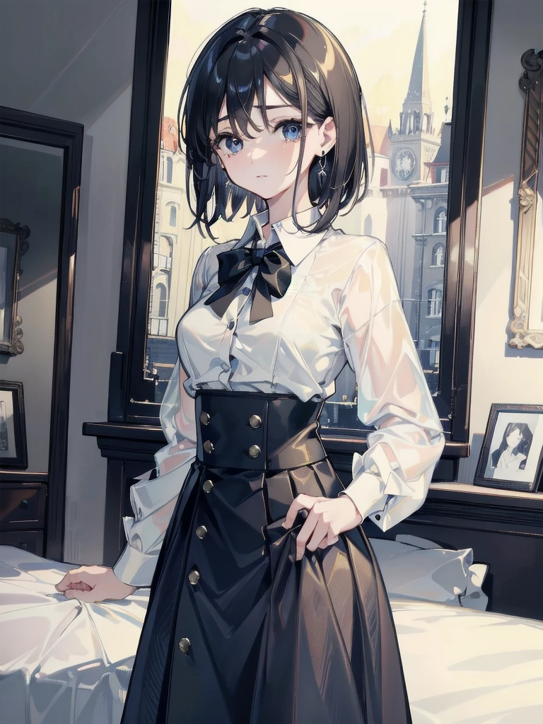 absurdres, RAW photo, extremely delicate and beautiful, masterpiece, Best Quality, ultra high resolution, 32k, hyperrealistic, ultra-detailed, in her 20s, delicate facial features, tearful mole, earring, medium breasts, full body shot, shorter middle hair, black hair, skirt, button up shirt,