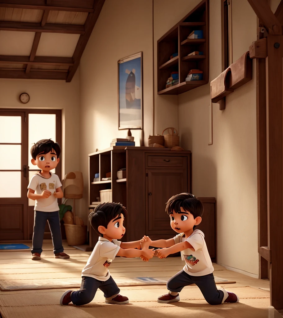 Two young boys anger fighting in His house