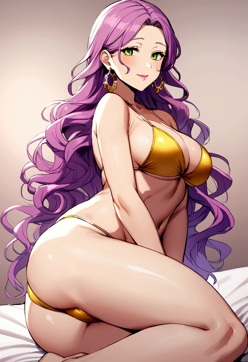 40 year old woman with pink hair on top, purple hair on bottom, long curly hair, green eyes, gold earrings, bikini model