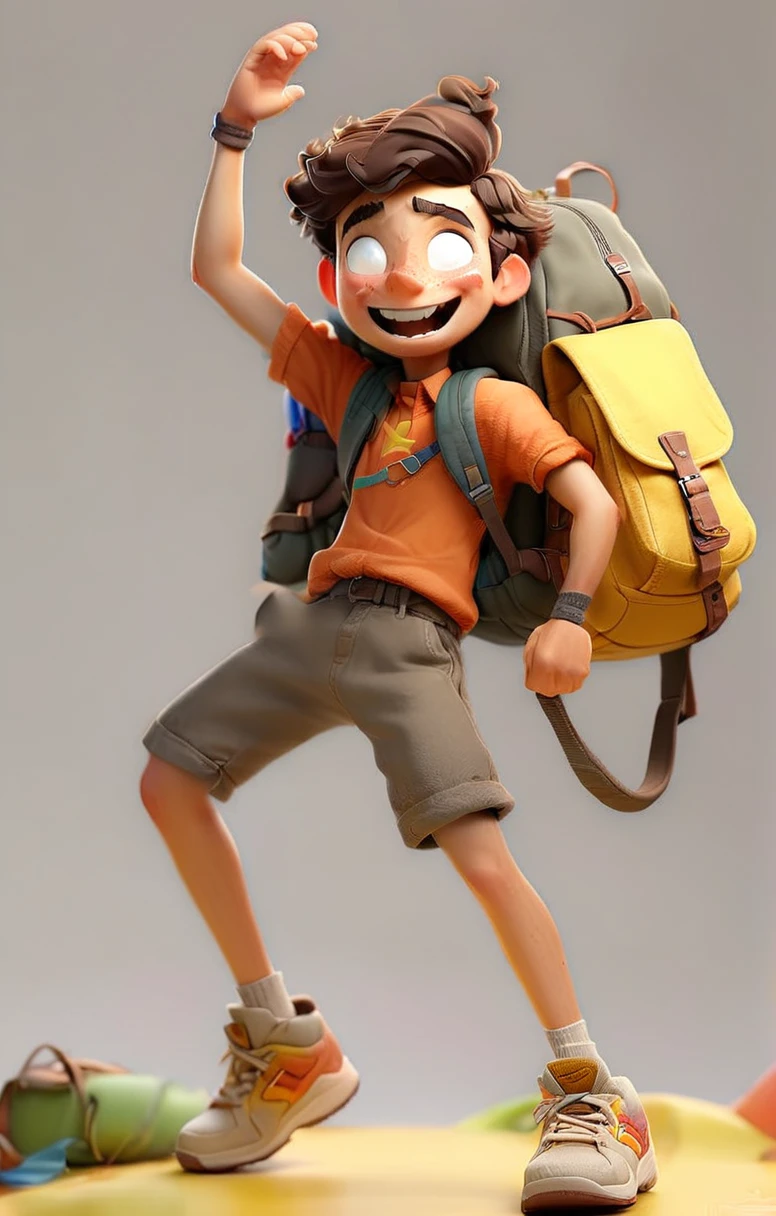 A cute young man jumping in the air with a happy expression, in the style of Pixar, on a white background, as a full body portrait, wearing an orange shirt and beige shorts with yellow shoes on his feet and carrying a schoolbag on his shoulder, with a pink color palette, colorful lights, on a white background, with high detail, hyper quality, as a 3D rendering, using octane render in Maxon Cinema4d, with soft light.