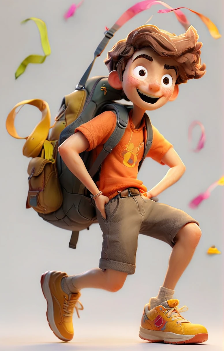 A cute young man jumping in the air with a happy expression, in the style of Pixar, on a white background, as a full body portrait, wearing an orange shirt and beige shorts with yellow shoes on his feet and carrying a schoolbag on his shoulder, with a pink color palette, colorful lights, on a white background, with high detail, hyper quality, as a 3D rendering, using octane render in Maxon Cinema4d, with soft light.