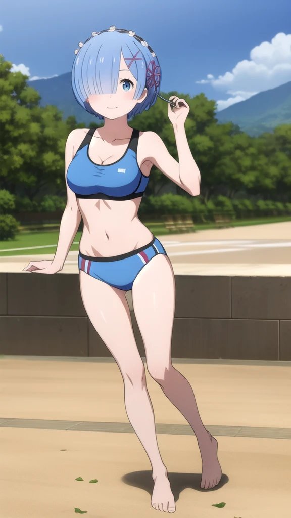 Rem, short hair,green eyes, hairclip,light blue bikini , sports bra, smile, barefoot, Landscape