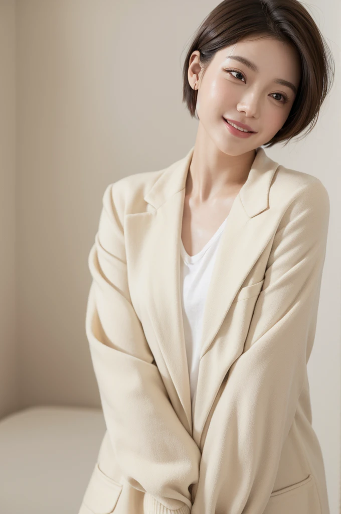 realistic light,natural light,white background,최고 quality、8 thousand、32,000、masterpiece、uhd:1.2) quality, primitive photorealism, laugh, Beautiful girl, cute, Short hair, depth of field, high resolution, ultra detail, Highly detailed eyes and face,small eyes,Short hair,short cut,short hair,Ivory Jacket