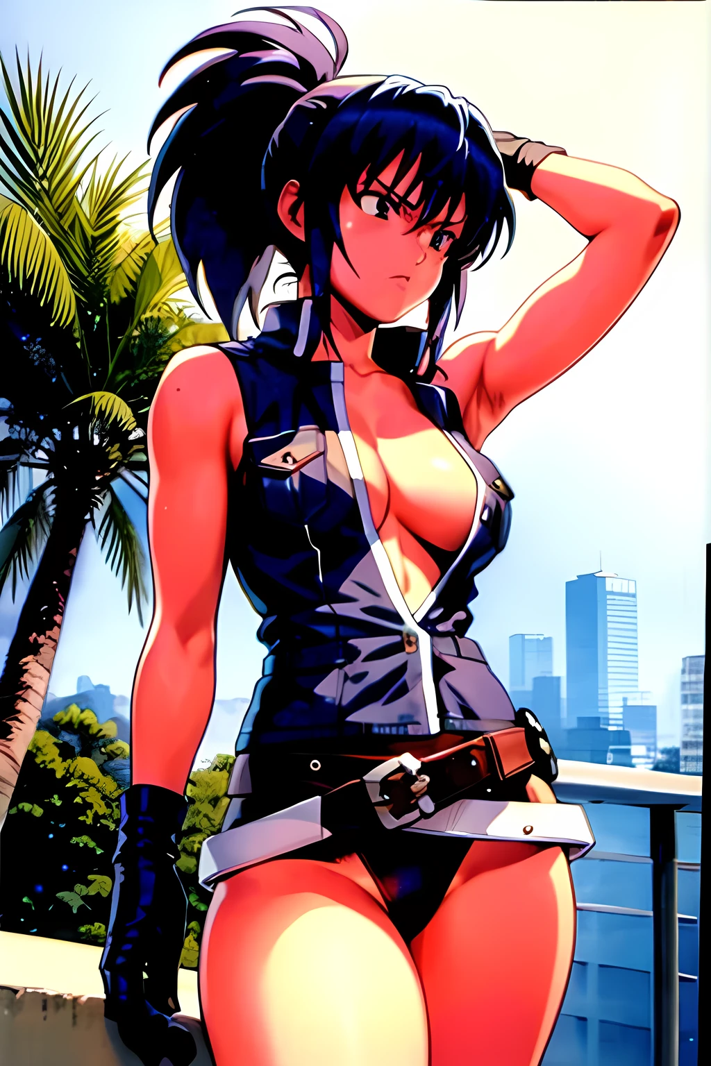 masterpiece, best quality, anime 1990s \(style\, leona heidern,  no bra, fully open vest, thong ,jungle, pony tail, wet, serious, gloves, , sleeveless, belt, touching hair.