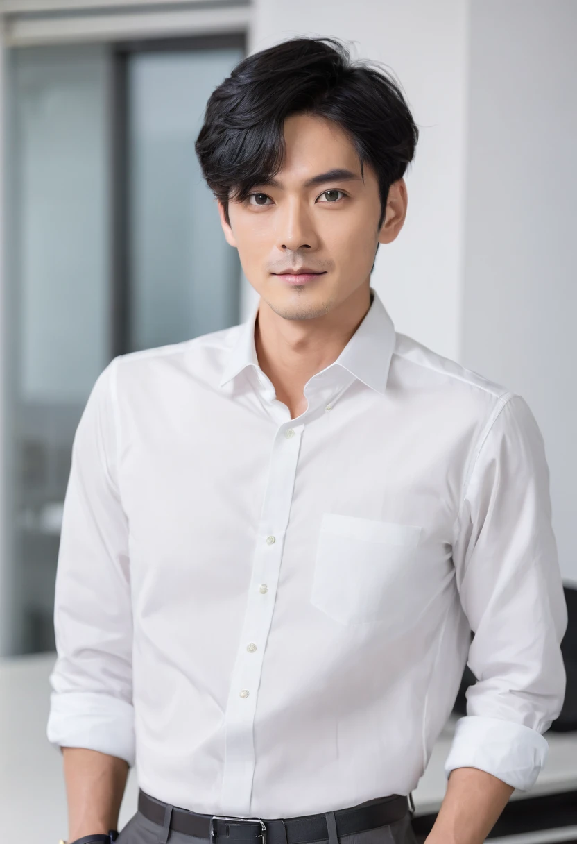 Japanese　male　Narrow eyes　Short black hair　Office casual attire　