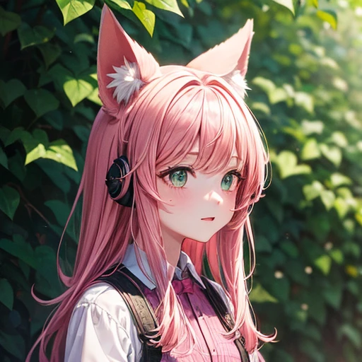 One girl, animal_ear, Slope, Slope_background, green_background, Looking_in_Audience, pink_hair, Solo by JM