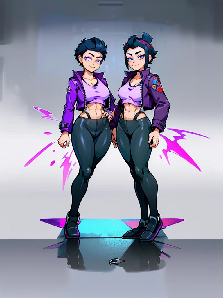 (((My Hero Academia Style))), (((Bibi))), (((Brawl Stars))), (((1girl))), (((female))), (((Wide hips))), (((wide thighs))), (((medium breasts))), (((blue spiked leather jacket))), (((blue leather jacket))), (( (leather jacket with spikes))), (((lilac top tank))), (((top tank))), (((Abs))), (((exposed abdomen))), (((marked abdomen))), (((tight leggings black))), (((tight leggings))), (((black leggings))), (((baseball bat))), (((Holding a baseball bat))), (((holding a bat))), (((shark smile))), (((lilac eyes))), (((evil smile))), (((traditional black slippers))), (((black slippers))), (((traditional slippers))), (((hair black))), (((pompadour hairstyle))), (((black hair pompadour hairstyle))), (((perfect anatomy))), (((perfect hands))), (((super detailed))), ( ((full body photo:1.5))), 