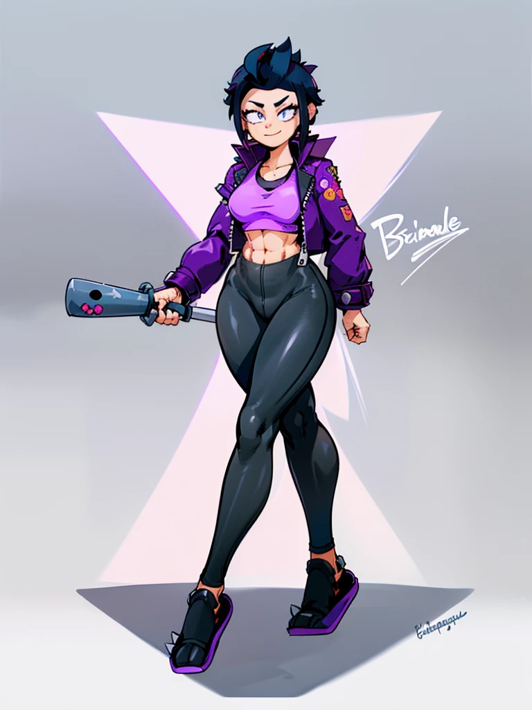 (((My Hero Academia Style))), (((Bibi))), (((Brawl Stars))), (((1girl))), (((female))), (((Wide hips))), (((wide thighs))), (((medium breasts))), (((blue spiked leather jacket))), (((blue leather jacket))), (( (leather jacket with spikes))), (((lilac top tank))), (((top tank))), (((Abs))), (((exposed abdomen))), (((marked abdomen))), (((tight leggings black))), (((tight leggings))), (((black leggings))), (((baseball bat))), (((Holding a baseball bat))), (((holding a bat))), (((shark smile))), (((lilac eyes))), (((evil smile))), (((traditional black slippers))), (((black slippers))), (((traditional slippers))), (((hair black))), (((pompadour hairstyle))), (((black hair pompadour hairstyle))), (((perfect anatomy))), (((perfect hands))), (((super detailed))), ( ((full body photo:1.5))), 