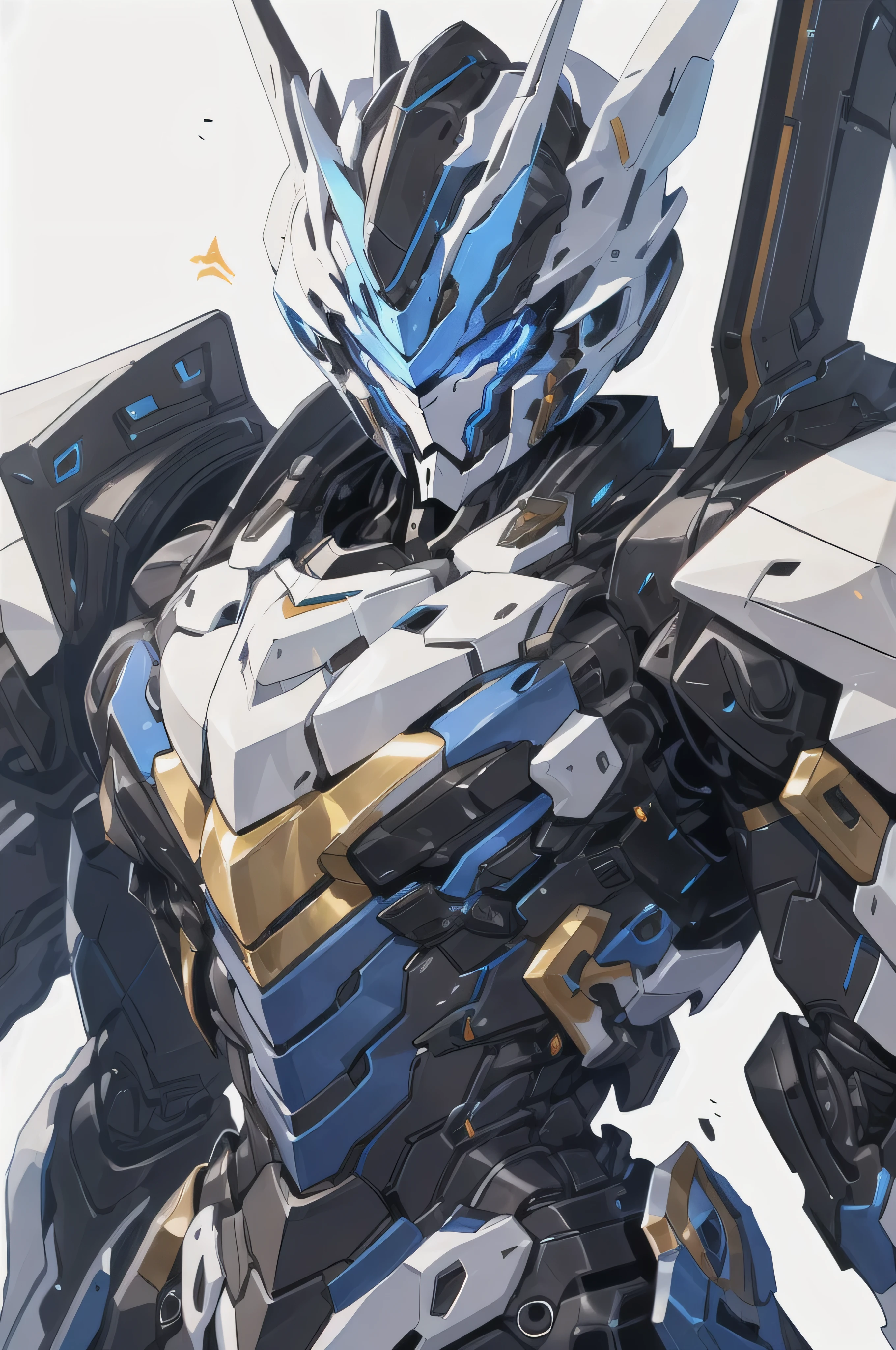 [(WHITE BACKGROUND:1.5)], nijimecha,Blue mech standing,mech with heavy armor,thick limbs,energy core,power armor,full armor,best quality,masterpiece,no human being,v-fin,bule theme,(upper body)