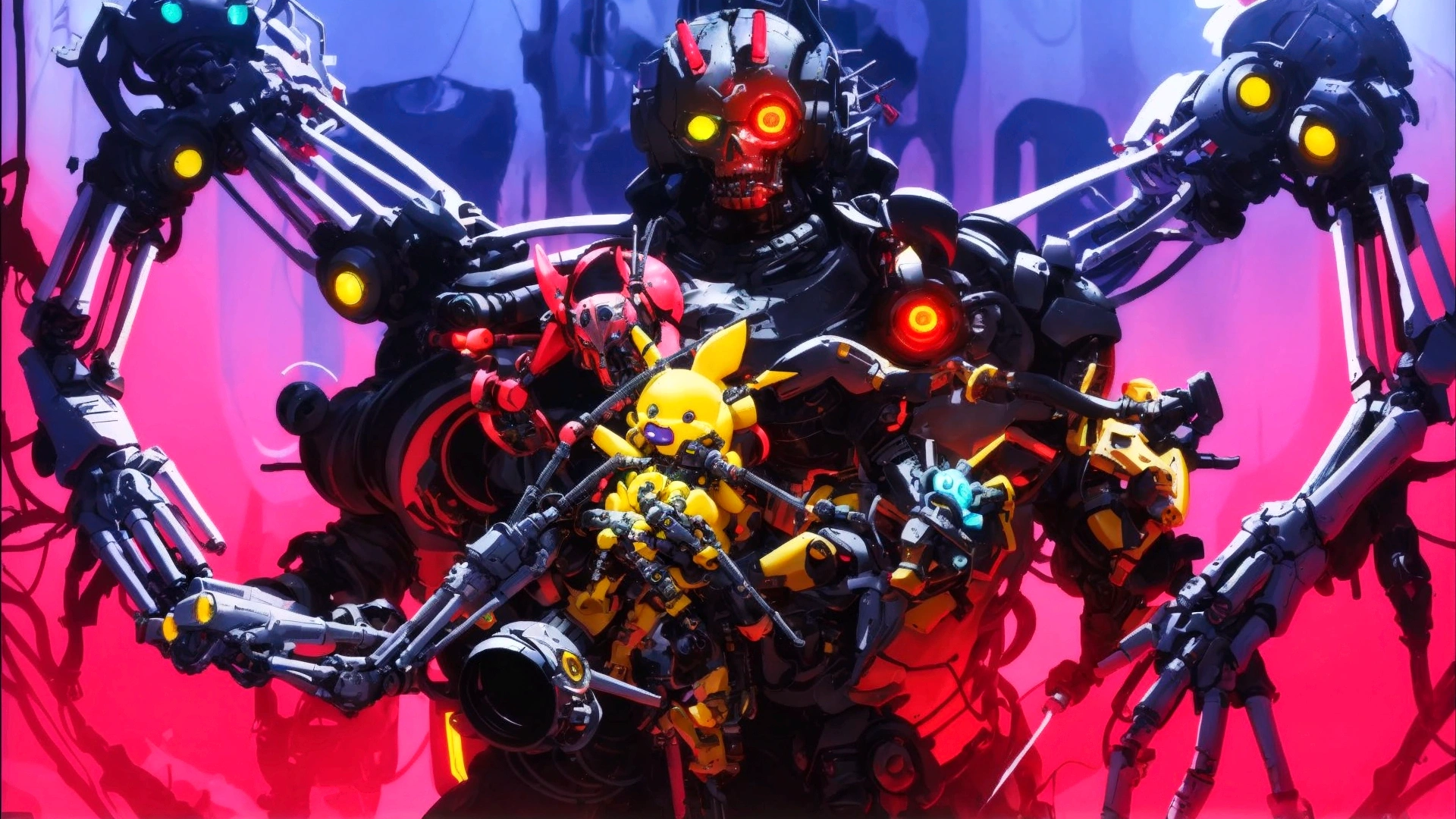 there is a robot with many arms and legs, holding a bunch of toys, Love death and Robots, anime robotics, mixed with organics, reypunk, Official work of art, cool composition, Neon punk, Love death + Robots, death and Robots, Colorful sci-fi steampunk, Cyberpunk Pikachu, Cyberpunk, bright colors, bright fan art, high detailed Official work of art, cyber core