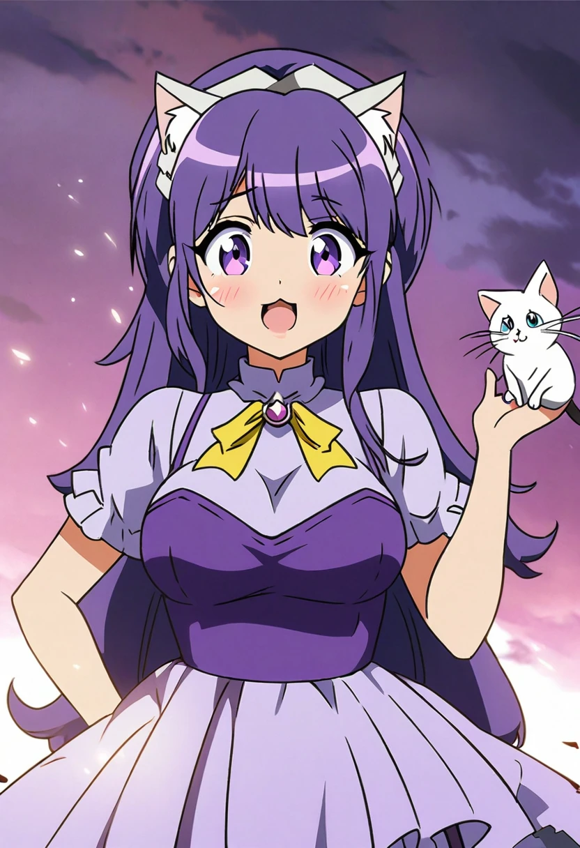anime girl with purple hair and purple dress holding a cat, anime moe art style, must tear from the overlord, I'm going to make fanart too, demon anime girl, cute anime catgirl, magical girl portrait, very beautiful anime cat girl, cat girl, attractive cat girl, anime monster girl, anime girl with cat ears, anime catgirl, mika kurai demon