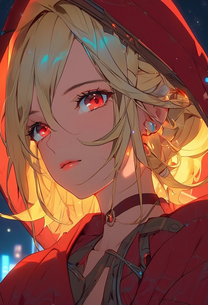 masterpiece , night , close up , beauty , blonde hair , red eyes , red robe , solarpunk , soft light , solarpunk girl