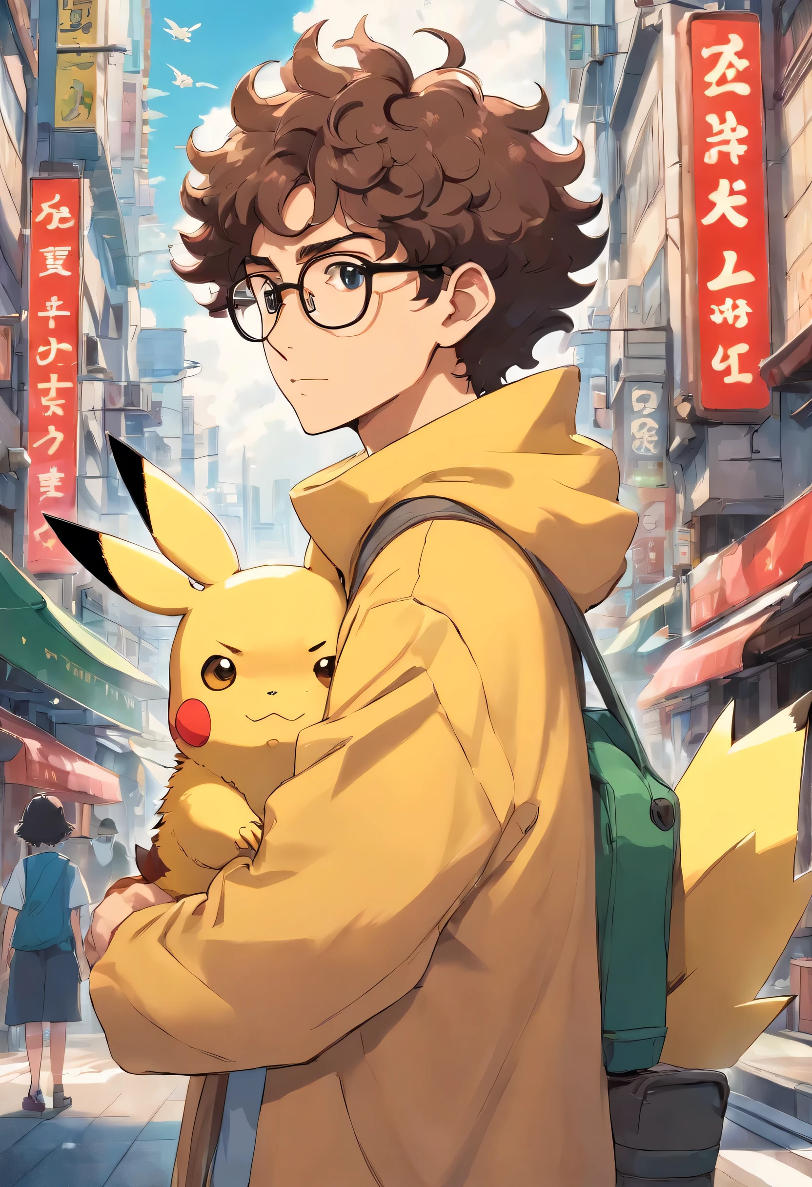 Brunette man, of glasses and curly hair, with pikachu on his shoulder in the middle of Tokyo