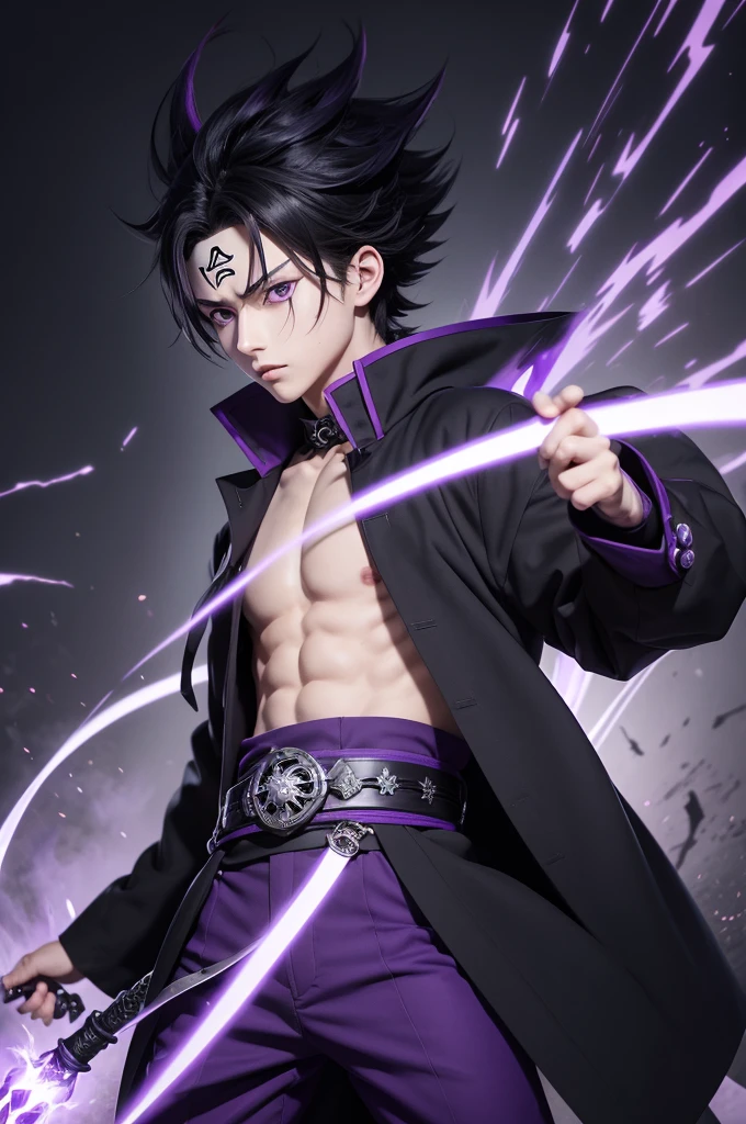 An anime boy,estilo kimetsu no yaiba,black hair that reaches your shoulder, a purple overcoat with open black flame symbols on the chest,black jersey,white belt tied around the waist,purple eyes with a completely black sword releasing a dark purple mist,a white ninja slipper,scenario a night facing demons in a Japanese city