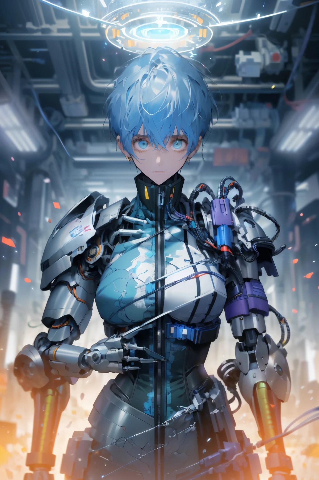 Light Particles, Halo, (Bioluminescence:0.95), Bioluminescence, Harsh light, Energetic, (((rich and colorful))), color, (glowing, glow), reflected light, Depth of Field, From the back, multiple views, delicated best quality, (((masterpiece))), ((best quality)), ((Extremely detailed)), (CG Illustrations), (Extremely cunning and beautiful)), light, ((1.Mechanical Girl)), (White, Blue Hair), (short hair), (Green Eyes), (Purple lips), (Oversized Silver Robe), single, full, mechanical Halo,star Halo,Complex mechanical tights, Mecha Corset, (full armor: yalow and White), (Mechanical joints: 1.4), ((Mechanical limbs)), ( The blood vessels that connect the tubes), ((A mechanical spine attached to the back)), ((Mechanical cervical vertebra attached to the neck), ((Fighting Stance)), Poker face, (Wires and cables connecting the head to the body: 1.5), (character focus), Science fiction, Revelation, glow, (full shoot body:1.1)