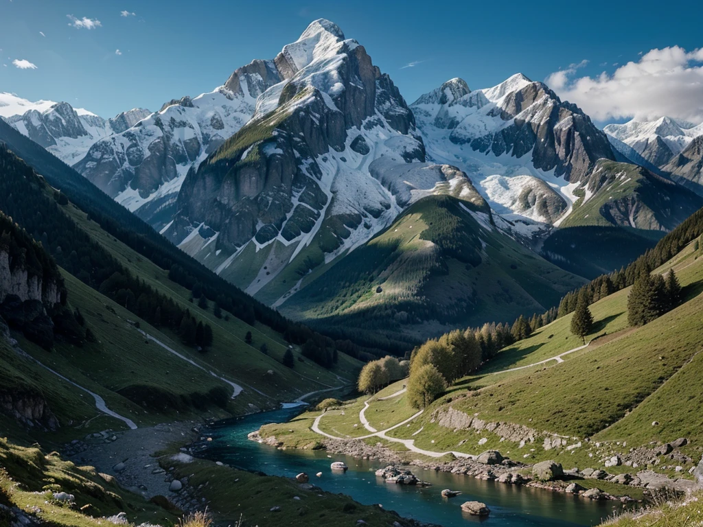 a breathtaking panoramic view of the majestic Caucasus mountains,snow-capped peaks,lush green forests,winding rivers,dramatic rock formations,dramatic lighting,vibrant colors,cinematic composition,highly detailed,photorealistic,epic landscape,masterpiece