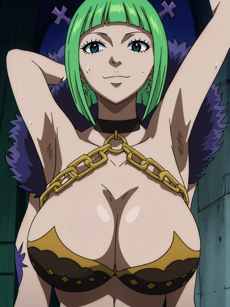 Best quality, masterpiece, ultra high res, 1girl, sexy, in the dark, deep shadow, low key, cold light, milf, green short hair, dynamic light, cinematic lighting, cinematic lighting, down blouse, mature woman, middle parted hair, bikini, gold chain,natural breast, upper body, milf, brandish, simple smile, armpits visible, detailed armpits, sweaty armpits