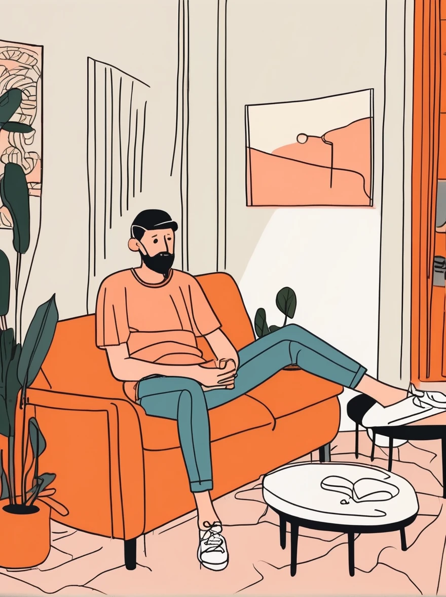 in style of Jean Jullien, full body portrait of character sitting in the living room
