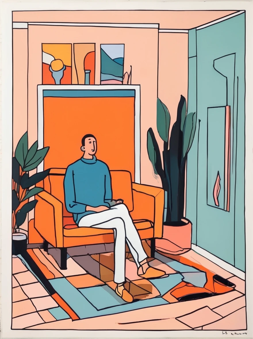 in style of Jean Jullien, full body portrait of character sitting in the living room
