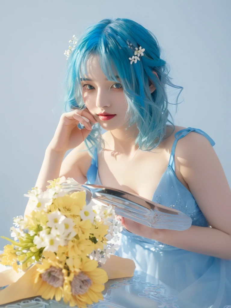 araffe Blue Hair and blue dress sitting on a table with flowers, Blue Hair, girl Blue Hair, pretty girl Blue Hair, Beautiful blue-haired girl, Fujifilm's Fusion, Short haired blue-haired woman, Sky blue hair, the long flowing blue hair, Girls role play, Beautiful adult book fairy, Blue Hairstyle, Ethereal Dream, Gu Weiss