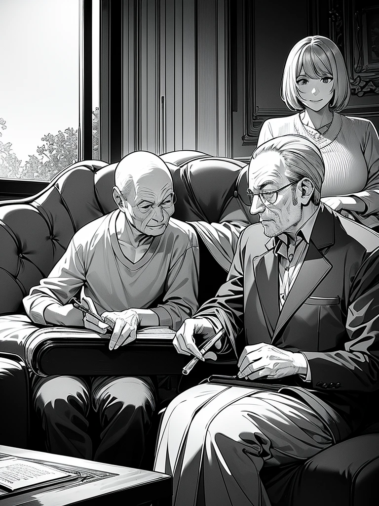 living room, (old man sitting in armchair smoking a pipe), (old woman sitting in armchair reading a book), (man sitting at a table writing a letter), (woman playing the piano), (girl standing next to the piano singing), (boy playing with a ball),  (little girl sitting on the floor playing with a doll)