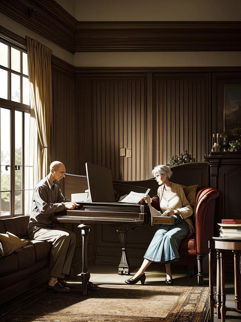 living room, old man sitting in armchair smoking a pipe, old woman sitting in armchair reading a book, man sitting at a table writing a letter, woman playing the piano, girl standing next to the piano singing, boy playing with a ball,  sitting on the floor playing with a doll