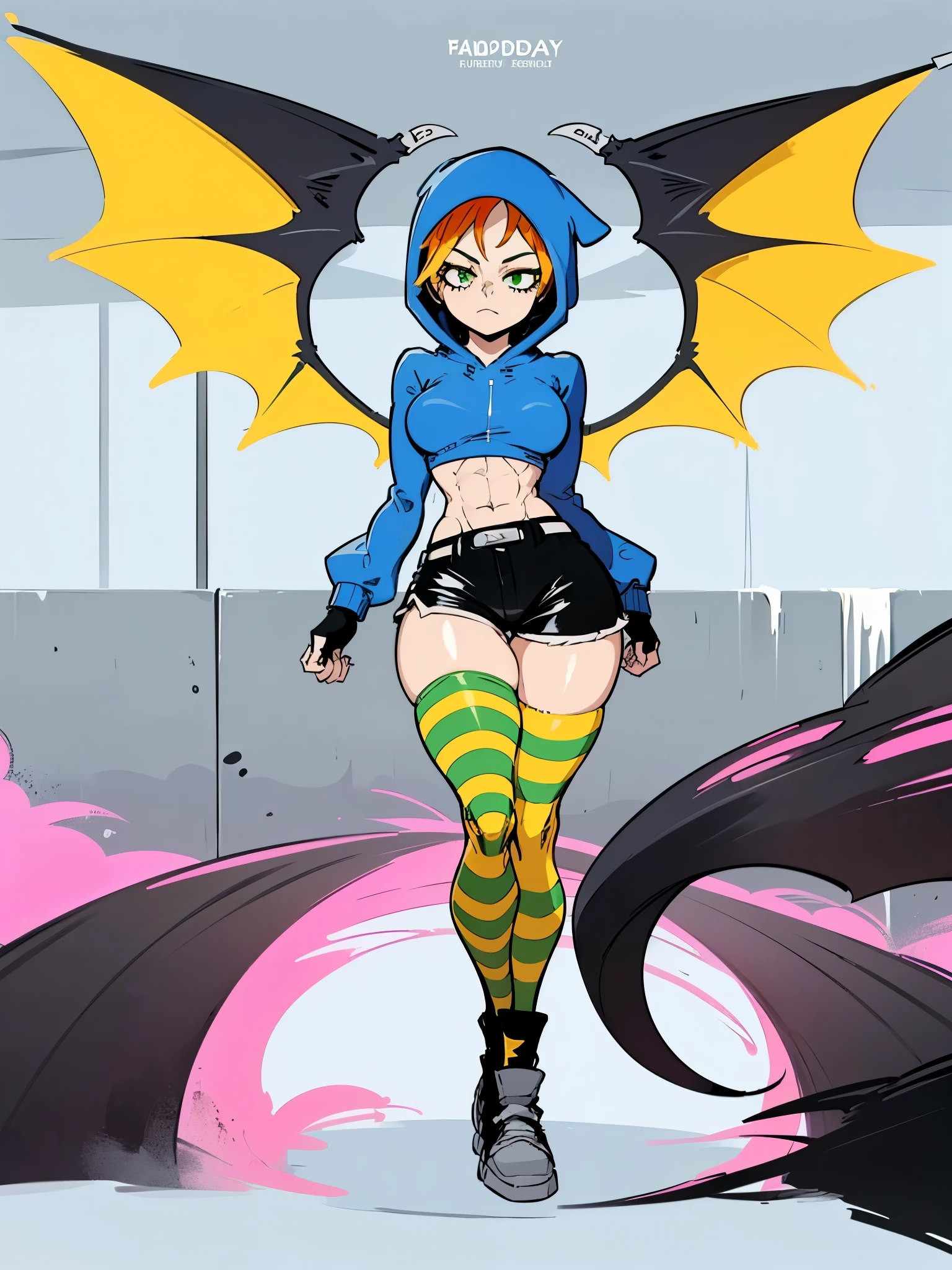 (((My Hero academia Style))), (((Goth Girl))), ((Foster's Hole For Imaginary Friends)), (((1girl))), (((blue short sweatshirt))), (((black mini shorts))), (((green and black striped thigh-high socks))), (((redhead with yellow at the tips))), (((hood up))), (((eye shadow))), (((green eyes))), (((classic black sneakers))), (((exposed abdomen))), (((abs))), (((black fingerless gloves))), (((bat wings on the back))), (((bat wings))), (((wings on the back))), (((wide hips))), (((wide thighs))), (((medium breasts))), (((Full body photo:1.5))), (((perfect anatomy))), (((perfect hands))), (((super detailed))),