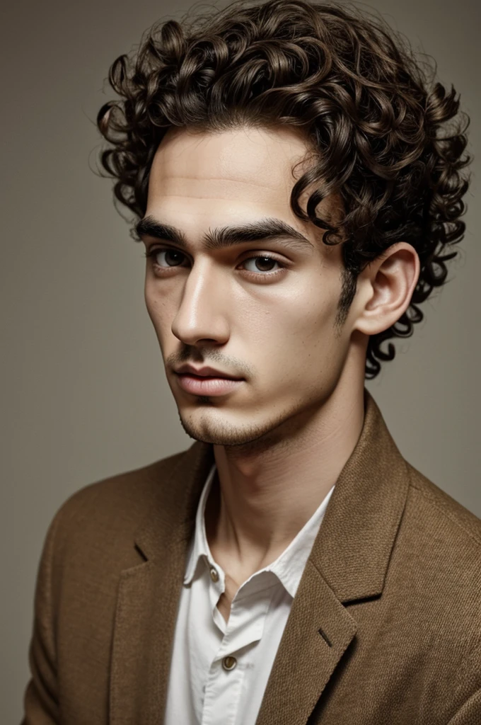 Curly hair man, droopy eyes, very thin eyebrows wide lips thin jaw small head 