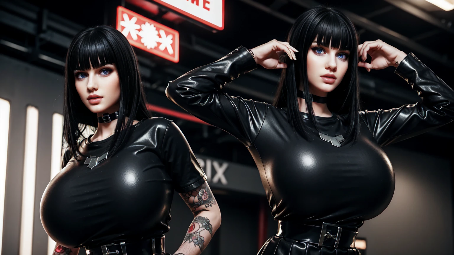 charlottefortnite, long hair, black_hair, bangs, blunt_bangs, red eyes, choker, red eyes, latex skirt, black_skirt, black latex shirt, belt, kneehighs, tattoo (masterpiece, HDR photo) BREAK droptop BREAK ((photorealistic), realistic face), big breasts, beautifully detailed woman, realistic face, detailed mouth, extremely detailed eyes_and_face, beautiful attractive face, beautiful detailed eyes, (photorealistic), pronounced feminine feature, matte eyeshadow, eyelashes, eyeliner, smooth skin, standing in Subwa Station