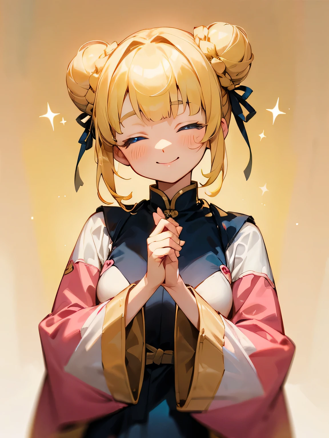solo,upperbody,spiral double bun,yellow gold color hair,(blunt bangs),blue eyes,pink half sleeves cute design yukata,closed eyes smile,