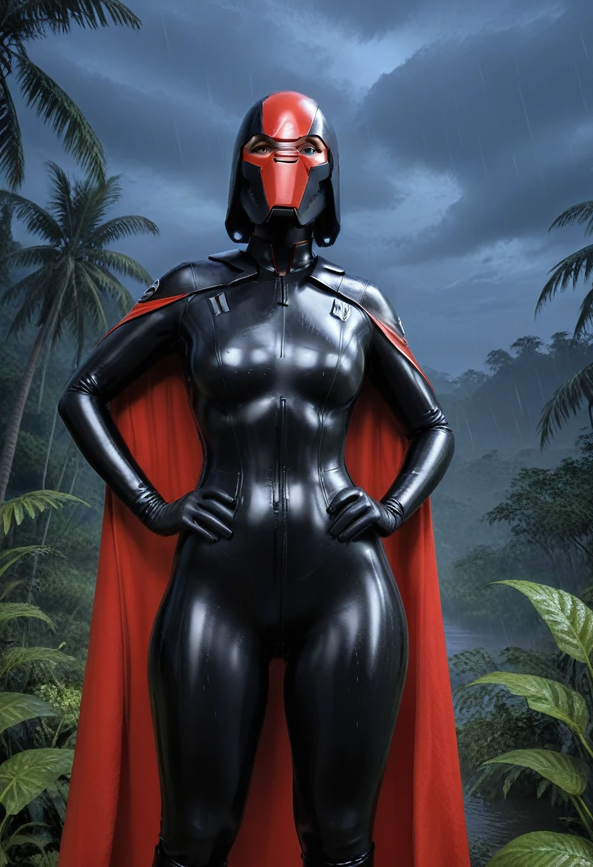 zPDXL, source_anime, BREAK Trilla, helmet with red visor, cape, armor,black gloves,tight bodysuit,black cape,black pants, BREAK close-up, solo, standing, front view, medium breasts, hands on hips, wide hips, BREAK x3dce, 3d, jungle background, dense vegetation, rain, night, night sky,
