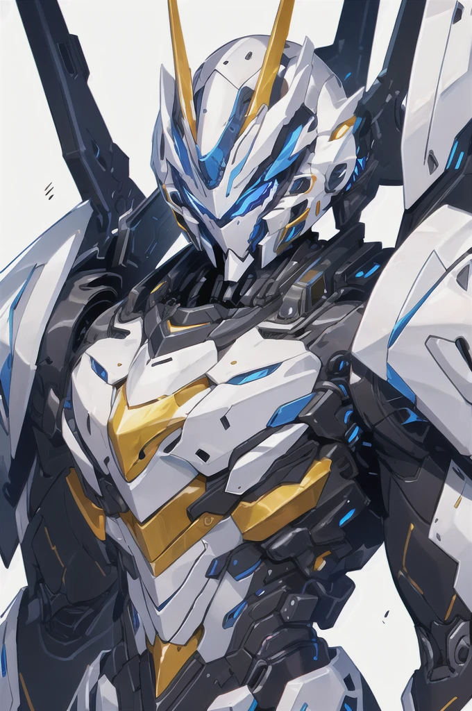 [(WHITE BACKGROUND:1.5)], nijimecha,Blue mech standing,mech with heavy armor,thick limbs,energy core,power armor,full armor,best quality,masterpiece,no human being,v-fin,bule theme,(upper body)