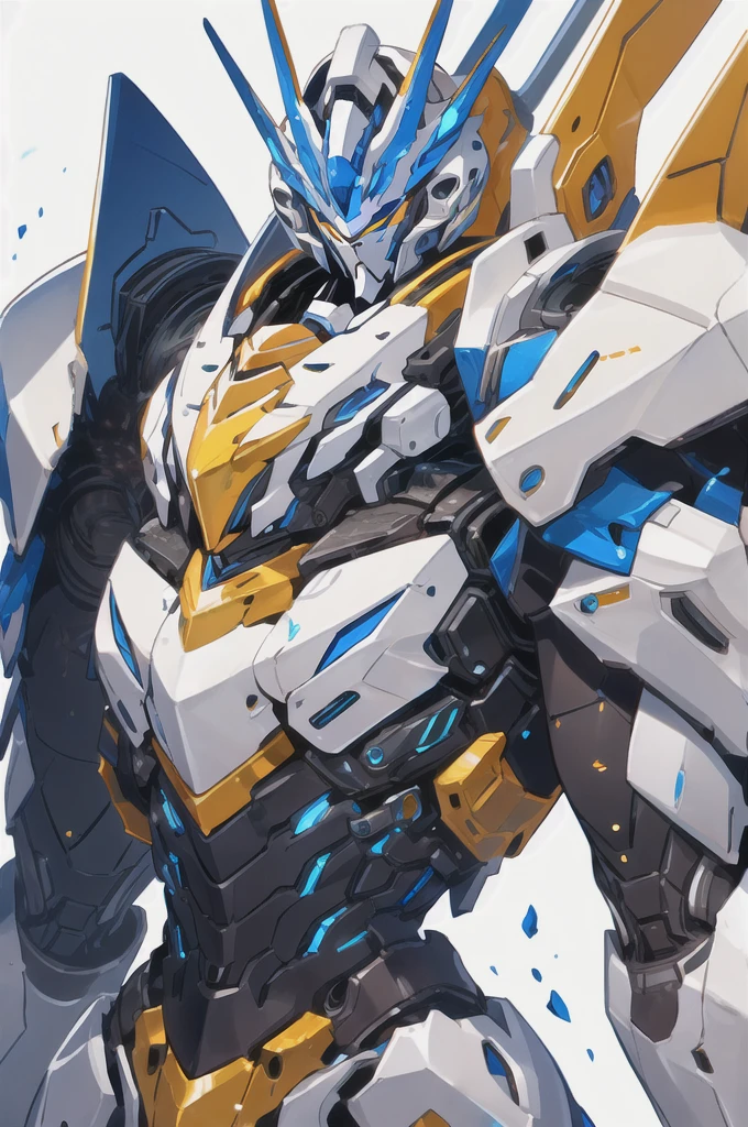 [(WHITE BACKGROUND:1.5)], nijimecha,Blue mech standing,mech with heavy armor,thick limbs,energy core,power armor,full armor,best quality,masterpiece,no human being,v-fin,bule theme,(upper body)