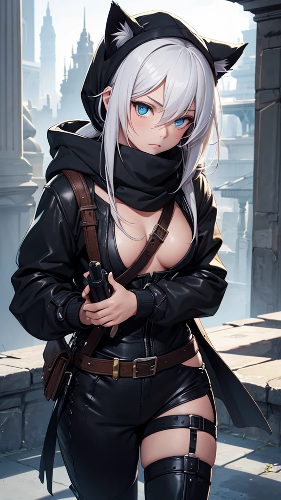 work of art, best qualityer, high resolution, 1 girl, synonym 1, scarf, mitts, ninja mask, long sleeves, leather pants, White hair, Cat's ears, cat tail, roupas de rogue, leather pants, thigh strap, holding, holding faca, heterochromia, yellow eye, blue eye, , hooded cloak, rogue, ninja, ruins, Mediovale