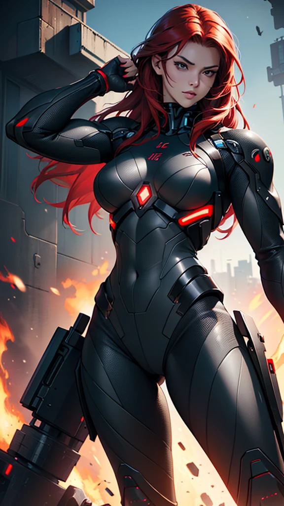 Beautiful cybernetic girl detailed muscles realistic masterpieces full figure pose (best quality,ultra-detailed), red hair, fair skin, fit body, slim figure, narrow waist, (sultry expression), black carbon fiber cybernetic mobile combat suit