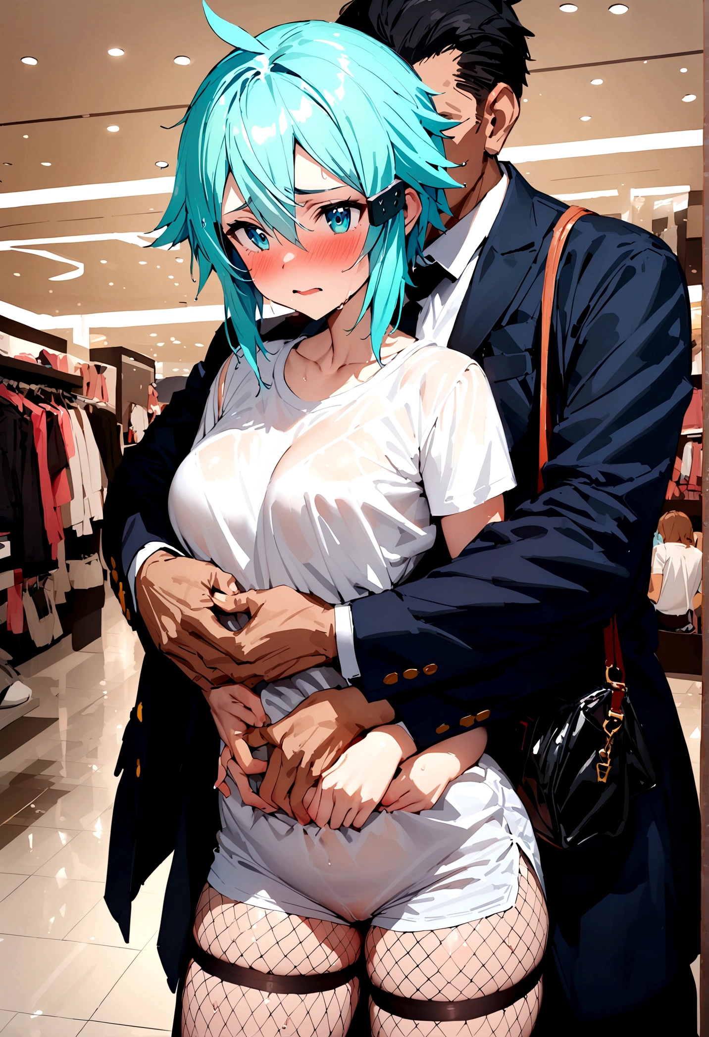 NSFW,masterpiece,Highest quality,High resolution,Super detailed,Sinon\(Sword Art Online\),Jacket,White T-shirt,cropped,Shorts,Fishnet tights,Shoulder bag,Embarrassed,expectant face,blush,Shopping mall,Lingerie Shop,Underwear section,Date,(Suspicious Men),(Molester),A man puts his hands on her waist and hugs her,A man does fingering,I feel pleasure,Wet your crotch