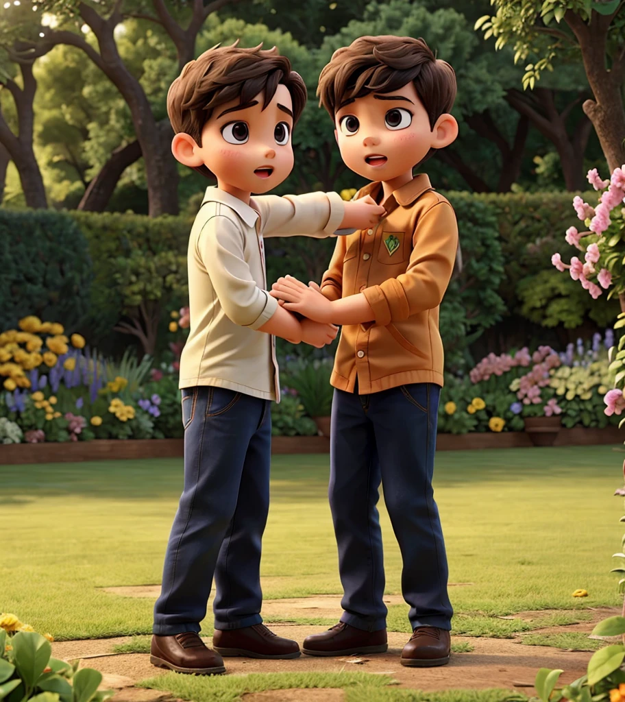 Two young boys anger fighting in garden