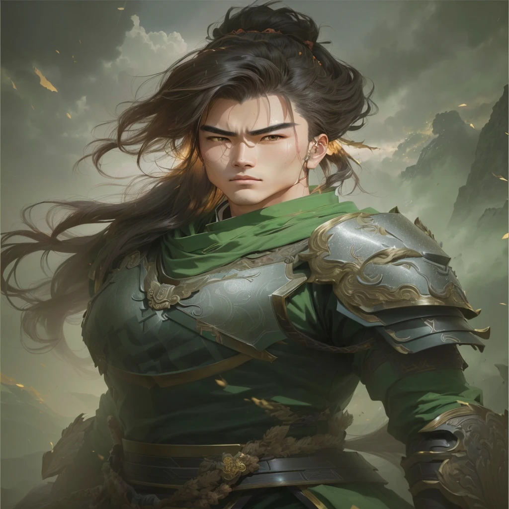 Please change the gender of the anime character in the image to male. The  style should be consistent with the original image. The specific descriptions are as follows:
Bronze was his base hue, and the resolute lines of his brows and eyes, together with her unwavering gaze, reflected an inner grandeur befitting a war deity. Clouds and thunder patterns adorned her chest, while fierce tigers – in the form of Tiāotíē – graced either side of her armor; he had originated from the Shang Dynasty's iconic bronze vessel, the Lady-Mother-of-the-East-Warrior Vessel (Gǔmǐn dūng). He is a warrior. manga style, fantastic style, ancient Chinese boy