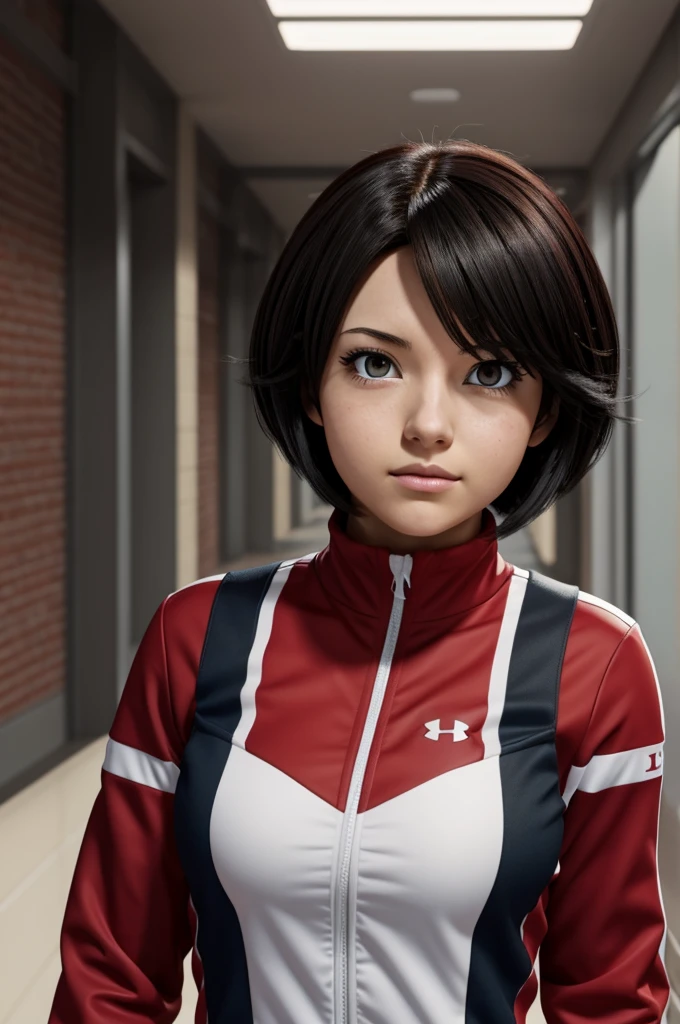 Screenshot My hero Academia.
A girl with short black hair and red brunette locks wearing the UA uniform