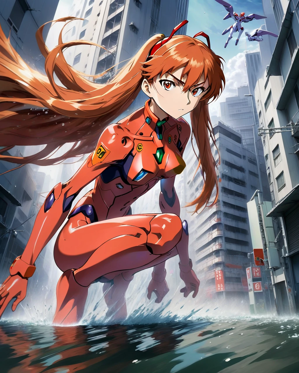Anime, Asuka Langley Soryu pilots her Evangelion Unit-02, fiercely clashing with an Angel amidst Tokyo-3's submerged streets. Building alarms blare, as the Angel's energy distorts reality, making every move crucial.
