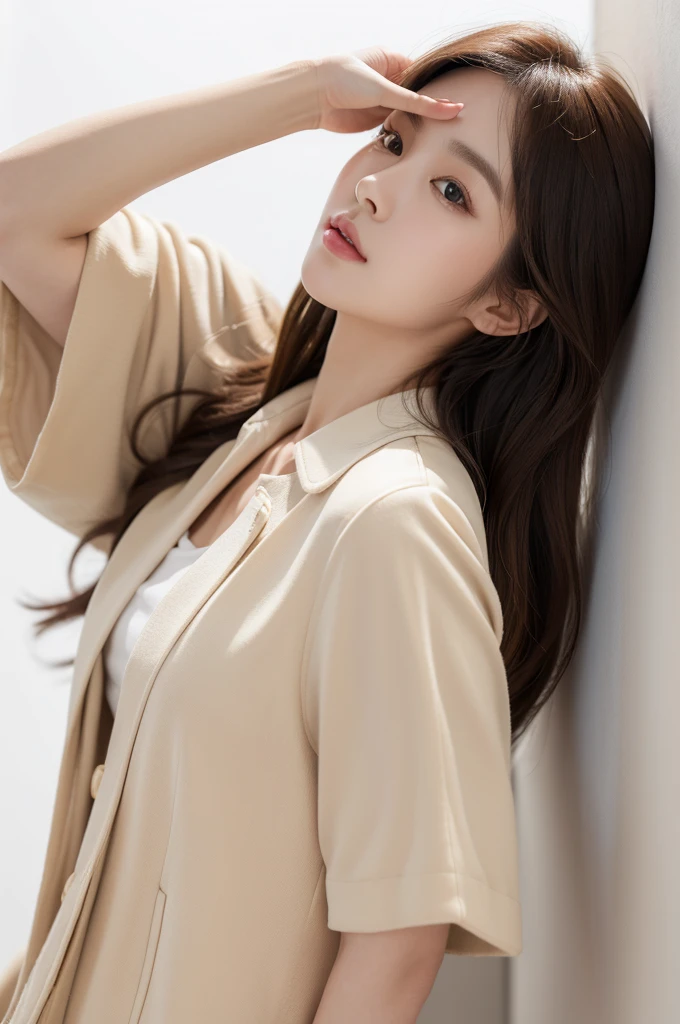 realistic light,natural light,white background,top quality、8 thousand、32,000、masterpiece、uhd:1.2)、photo of korean woman,small eyes,korean hair、dark brown hair、upper part of the body,bust、from above,beige short sleeve jacket,profile,launch,Tassel Cut,hime cut