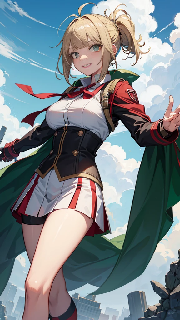 Imagine Toga Himiko from My Hero Academia as a member of the Scout Regiment from Attack on Titan. Draw her in the style of My Hero Academia, with her characteristic mischievous smile and playful expression. She should be wearing the Scout Regiment uniform, complete with the distinctive green cloak and the dual blades used for fighting Titans. Show her in a dynamic pose, as if she's about to launch into action with the omni-directional mobility gear. The background should reflect the dystopian world of Attack on Titan, with towering walls and a hint of Titans in the distance