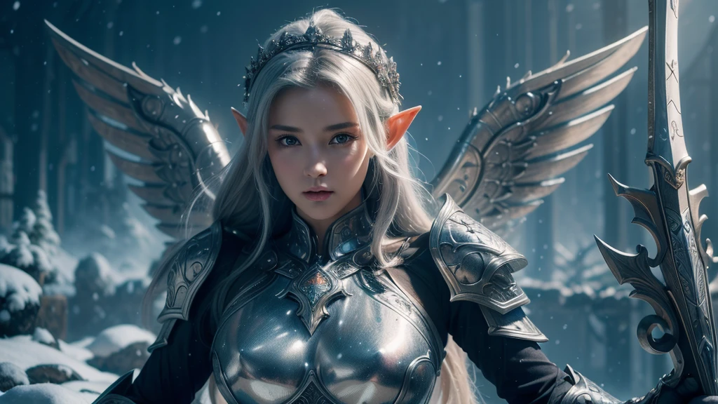 Close-up of woman holding sword and armor, Armor Girl, 2. 5D CGI anime fantasy artwork, Large Breasts,Epic fantasy digital art style, detailed Digital 2D fantasy art, Digital 2D fantasy art, original photo, (best quality:1.3), high resolution, (masterpiece), (lifelike:1.4), Professional photography, Clear focus, High Dynamic Range, 8k resolution, Intricate details, Fine details, Depth of Field, Extremely detailed CG unified 8k wallpaper, masterpiece,poster,best quality,Official Art,(Beauty and aesthetics:1.2),(masterpiece:1.3),Female Elf,individual,Light Leather Armor,complex pattern,snow,futuristic city,Medium distance photography,(early morning),dramatic,Huge wings,