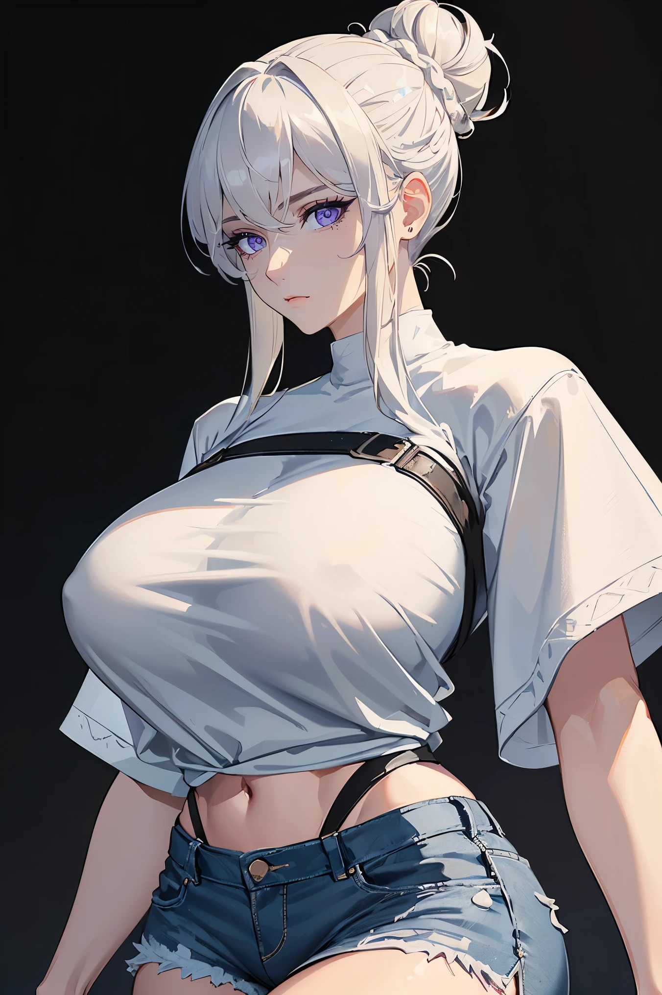 (Uhd, Masterpiece, Textured Skin, Super Detail, High Details, High Quality, Best Quality), Detailed Face, 1woman, mature pretty woman, (Huge Body:1.5), (Silver hair tied in a bun, long hair), (Short black top shirt, Denim shorts), standing, six pack, (Dynamic lighting:1.5, very high quality)