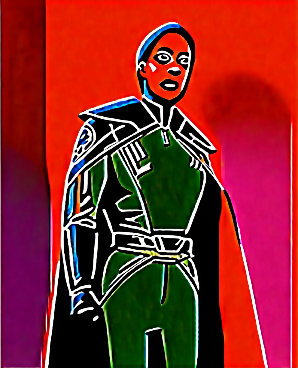 score_9,score_8_up,score_7_up,score_6_up, Trilla,green eyes,black hair, upper body, wet, armor,gloves,black bodysuit,black cape,belt,rain, science fiction,sith base, star wars, outdoors, rain, solo,fflixbag wearing armor sabine wren