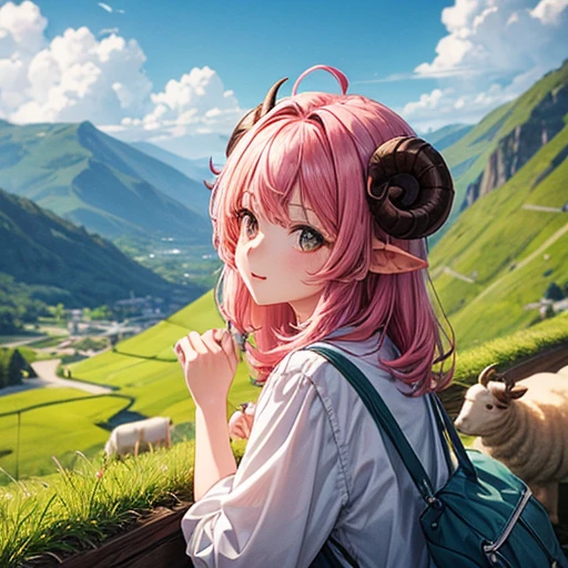 One girl, animal_ear, Slope, Slope_background, green_background, Looking_in_Audience, pink_hair, Solo by JM　Farm with sheep